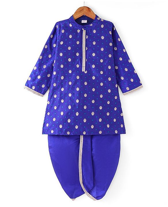 Babyhug Woven Full Sleeves Dobby Foil Printed Kurta Dhoti Set with Lace Detailing - Blue