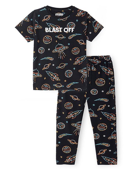Pine Kids Single Jersey Knit Half Sleeves Space Printed Night Suit - Black