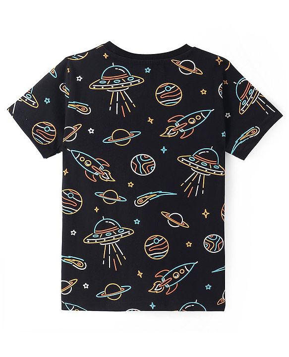 Pine Kids Single Jersey Knit Half Sleeves Space Printed Night Suit - Black