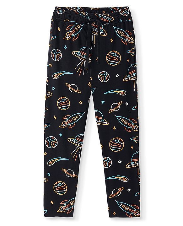 Pine Kids Single Jersey Knit Half Sleeves Space Printed Night Suit - Black
