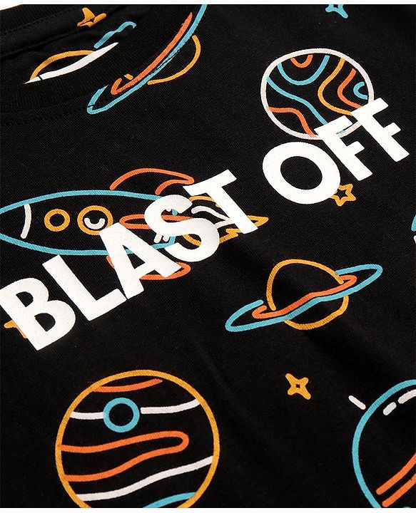Pine Kids Single Jersey Knit Half Sleeves Space Printed Night Suit - Black