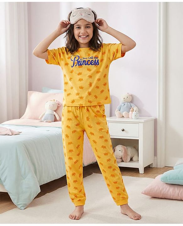 Pine Kids Single Jersey Knit Half Sleeves Night Suit with Crown & Text Print - Yellow