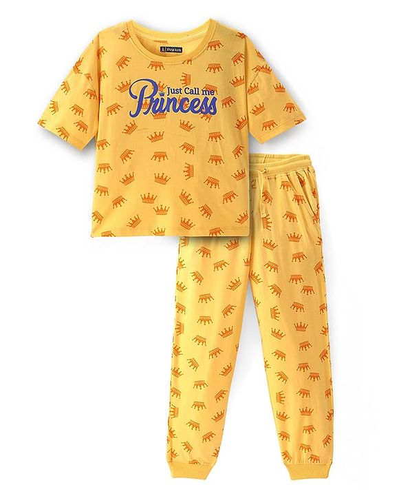 Pine Kids Single Jersey Knit Half Sleeves Night Suit with Crown & Text Print - Yellow