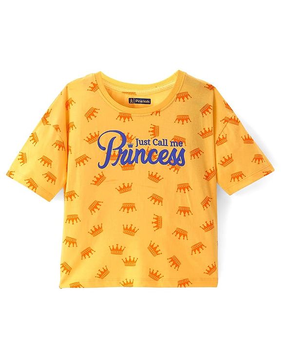 Pine Kids Single Jersey Knit Half Sleeves Night Suit with Crown & Text Print - Yellow