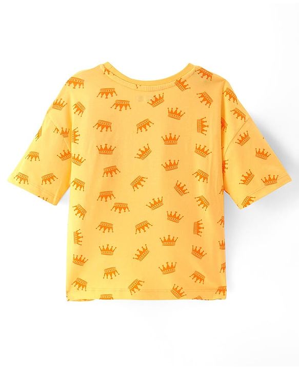 Pine Kids Single Jersey Knit Half Sleeves Night Suit with Crown & Text Print - Yellow
