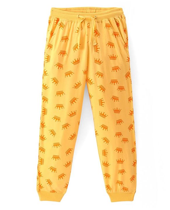 Pine Kids Single Jersey Knit Half Sleeves Night Suit with Crown & Text Print - Yellow