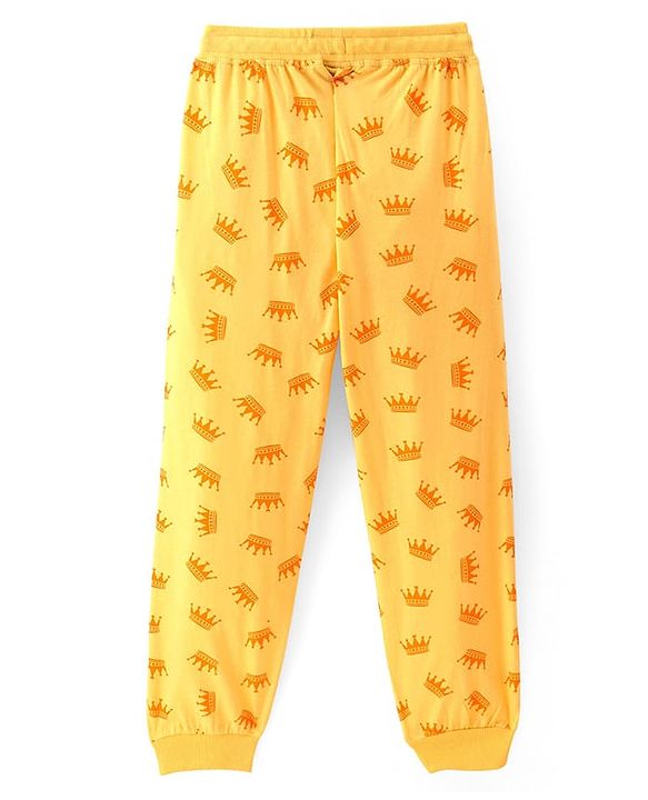 Pine Kids Single Jersey Knit Half Sleeves Night Suit with Crown & Text Print - Yellow