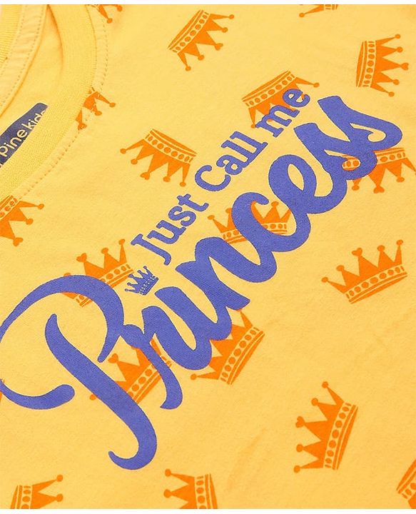 Pine Kids Single Jersey Knit Half Sleeves Night Suit with Crown & Text Print - Yellow