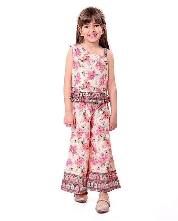 Babyhug Woven Schiffly Sleeveless Floral Printed Crop Top & Palazzo Set with Frill Detailing - Pink