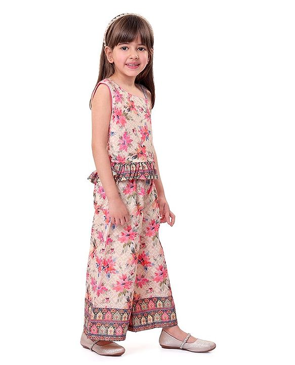 Babyhug Woven Schiffly Sleeveless Floral Printed Crop Top & Palazzo Set with Frill Detailing - Pink