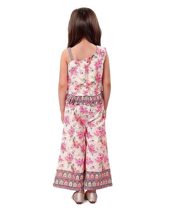 Babyhug Woven Schiffly Sleeveless Floral Printed Crop Top & Palazzo Set with Frill Detailing - Pink