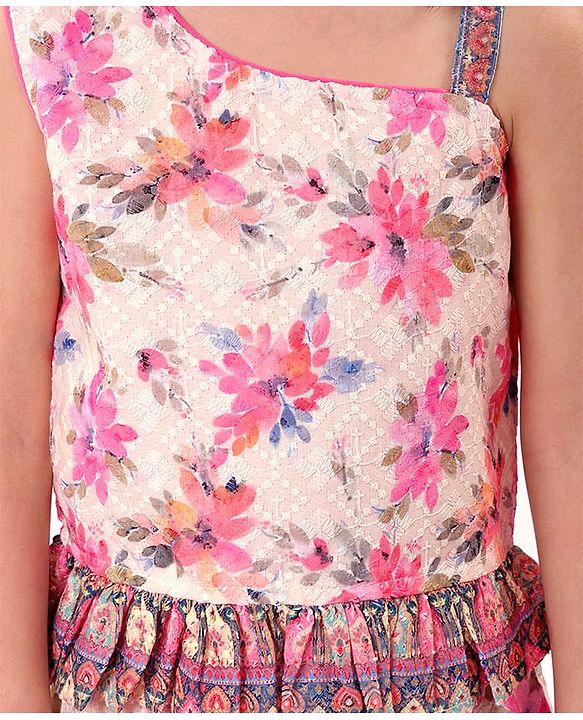 Babyhug Woven Schiffly Sleeveless Floral Printed Crop Top & Palazzo Set with Frill Detailing - Pink