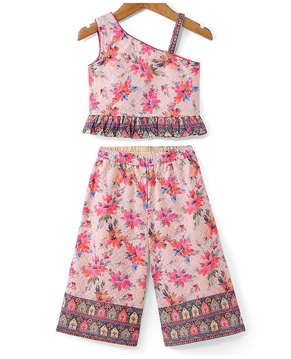 Babyhug Woven Schiffly Sleeveless Floral Printed Crop Top & Palazzo Set with Frill Detailing - Pink
