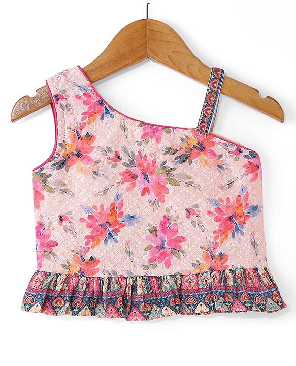 Babyhug Woven Schiffly Sleeveless Floral Printed Crop Top & Palazzo Set with Frill Detailing - Pink