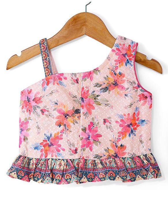 Babyhug Woven Schiffly Sleeveless Floral Printed Crop Top & Palazzo Set with Frill Detailing - Pink