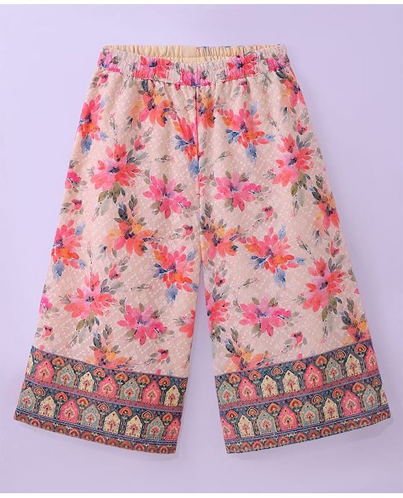 Babyhug Woven Schiffly Sleeveless Floral Printed Crop Top & Palazzo Set with Frill Detailing - Pink