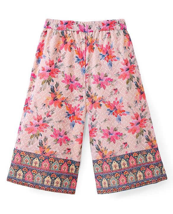 Babyhug Woven Schiffly Sleeveless Floral Printed Crop Top & Palazzo Set with Frill Detailing - Pink