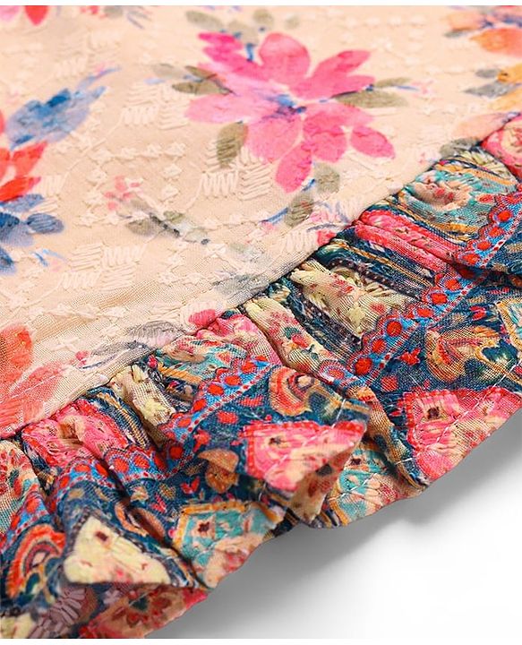 Babyhug Woven Schiffly Sleeveless Floral Printed Crop Top & Palazzo Set with Frill Detailing - Pink