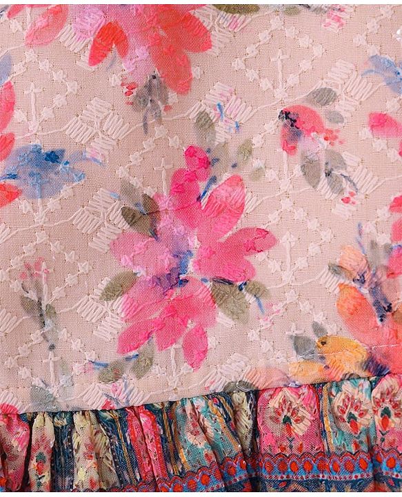 Babyhug Woven Schiffly Sleeveless Floral Printed Crop Top & Palazzo Set with Frill Detailing - Pink