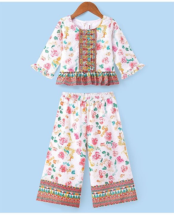 Babyhug Woven Schiffly Full Sleeves Floral Printed Crop Top & Palazzo Set with Frill Detailing - White
