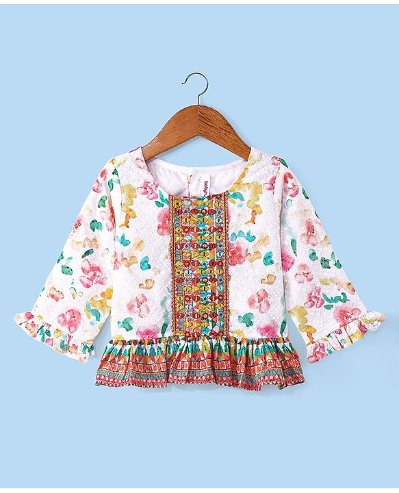 Babyhug Woven Schiffly Full Sleeves Floral Printed Crop Top & Palazzo Set with Frill Detailing - White