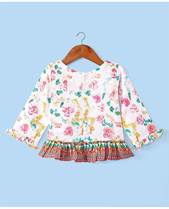 Babyhug Woven Schiffly Full Sleeves Floral Printed Crop Top & Palazzo Set with Frill Detailing - White