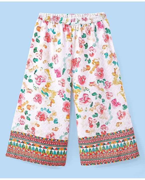 Babyhug Woven Schiffly Full Sleeves Floral Printed Crop Top & Palazzo Set with Frill Detailing - White