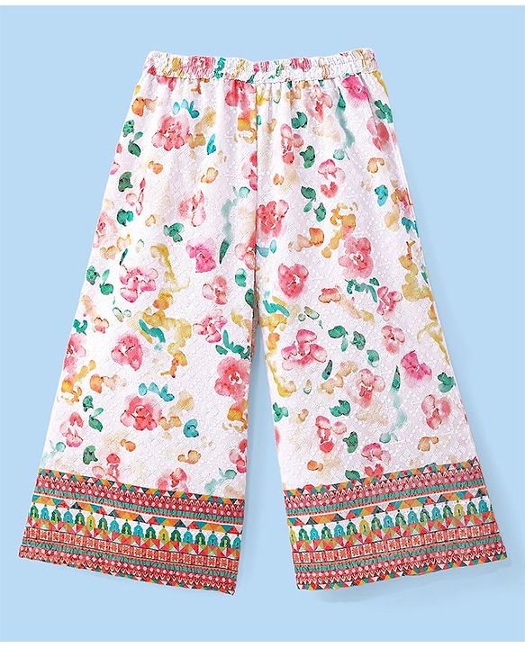 Babyhug Woven Schiffly Full Sleeves Floral Printed Crop Top & Palazzo Set with Frill Detailing - White
