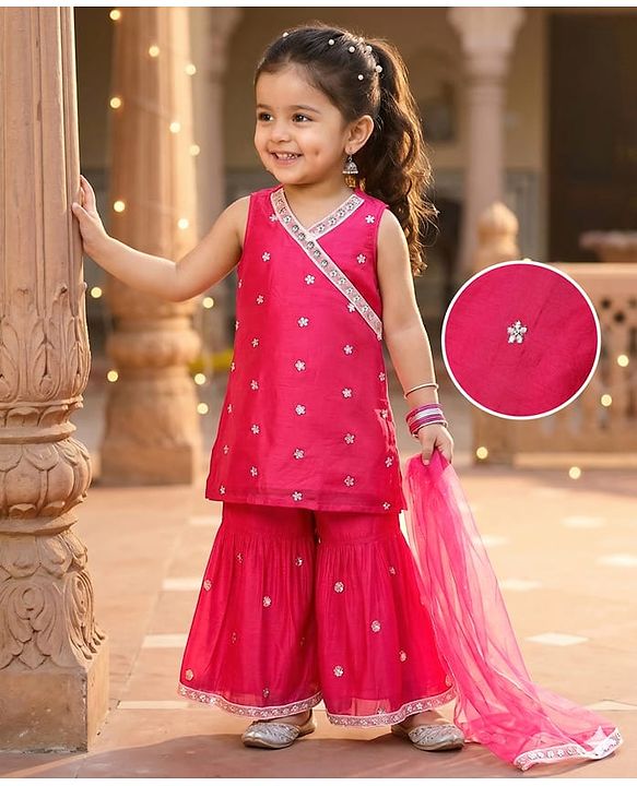 Babyhug Woven Sleeveless Floral Embroidered Kurti Gharara Set with Dupatta - Fuschia