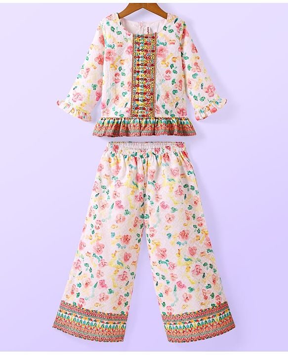 Babyhug Woven Schiffly Full Sleeves Floral Printed Crop Top & Palazzo Set with Frill Detailing - White
