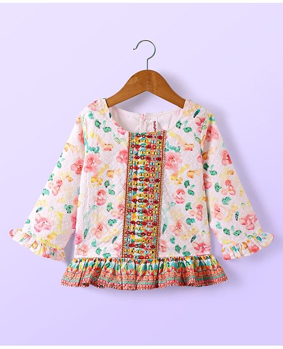 Babyhug Woven Schiffly Full Sleeves Floral Printed Crop Top & Palazzo Set with Frill Detailing - White