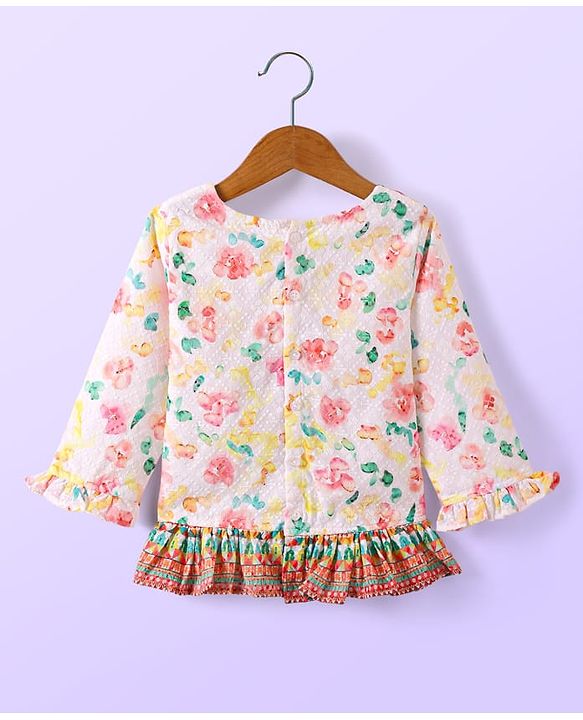 Babyhug Woven Schiffly Full Sleeves Floral Printed Crop Top & Palazzo Set with Frill Detailing - White