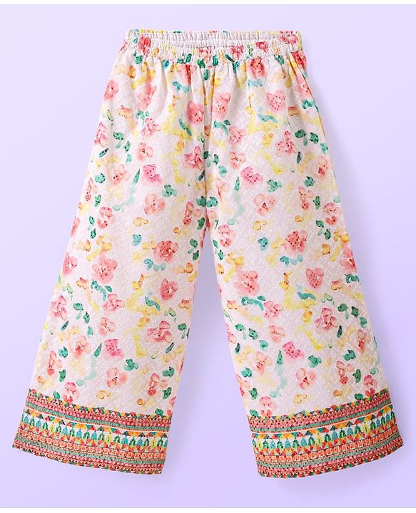 Babyhug Woven Schiffly Full Sleeves Floral Printed Crop Top & Palazzo Set with Frill Detailing - White