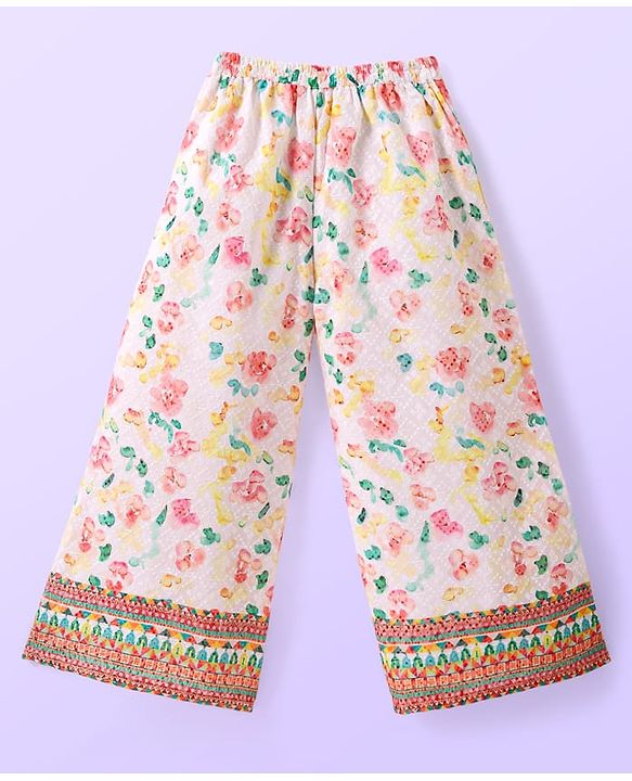Babyhug Woven Schiffly Full Sleeves Floral Printed Crop Top & Palazzo Set with Frill Detailing - White