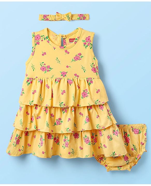 Babyhug Single Jersey Knit Floral Printed Frock With Bloomer & Headband - Yellow