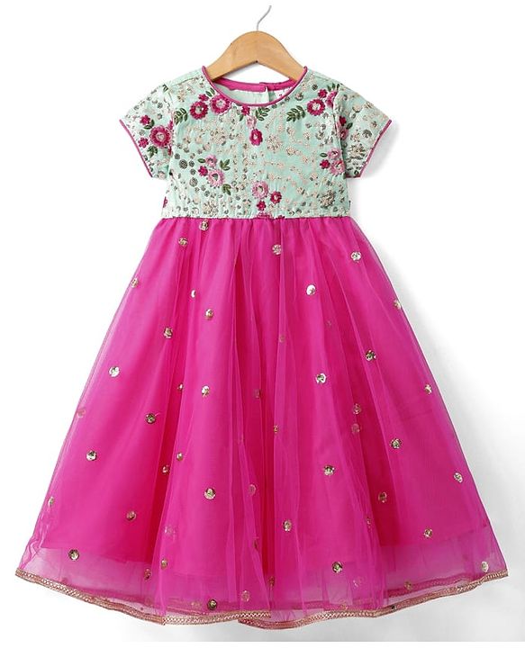 Babyhug Woven Short Sleeves Net Sequenced Ethnic Dress With Floral Embroidery - Fuchsia
