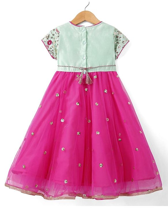 Babyhug Woven Short Sleeves Net Sequenced Ethnic Dress With Floral Embroidery - Fuchsia