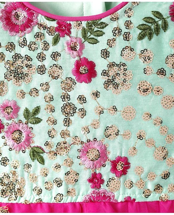 Babyhug Woven Short Sleeves Net Sequenced Ethnic Dress With Floral Embroidery - Fuchsia