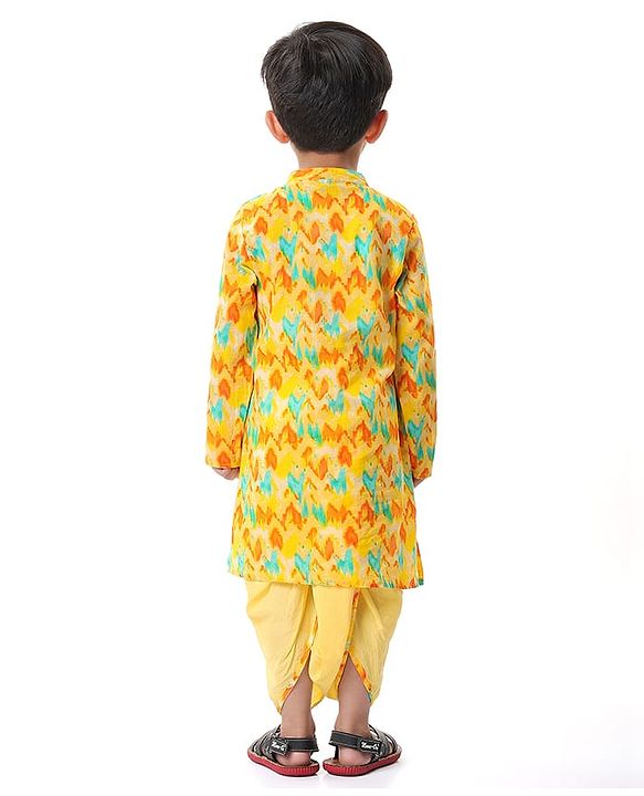 Babyhug Cotton Woven Cambric Lurex Full Sleeves Printed Kurta Dhoti Set - Yellow
