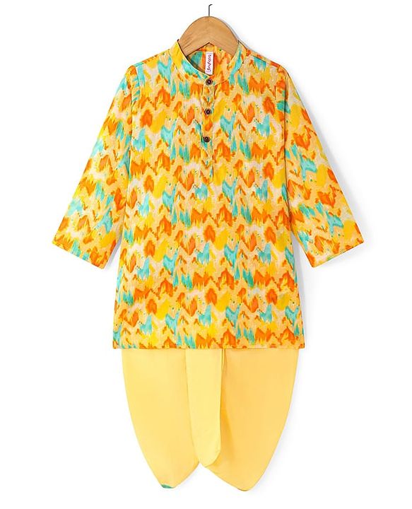 Babyhug Cotton Woven Cambric Lurex Full Sleeves Printed Kurta Dhoti Set - Yellow