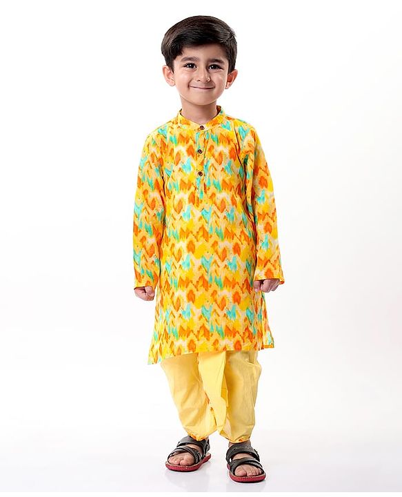Babyhug Cotton Woven Cambric Lurex Full Sleeves Printed Kurta Dhoti Set - Yellow