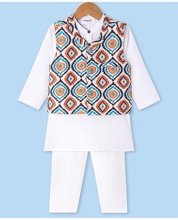 Babyhug Cotton Woven Full Sleeves Solid Kurta Pyjama Set with Printed Jacket - White
