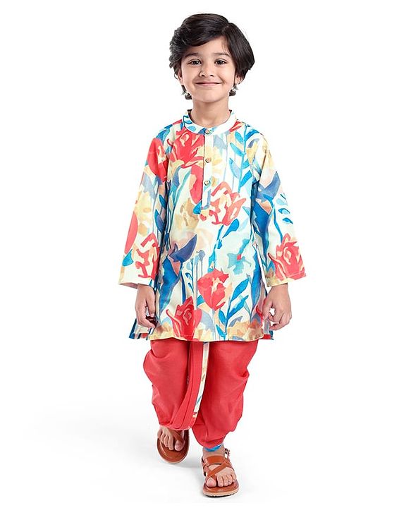 Babyhug Cotton Woven Full Sleeves Floral Printed Kurta Dhoti Set - Red
