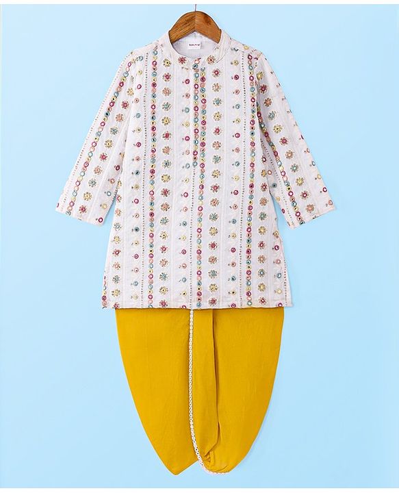 Babyhug Woven Full Sleeves Kurta Dhoti Set With Embroidery & Sequin Design - Yellow & White