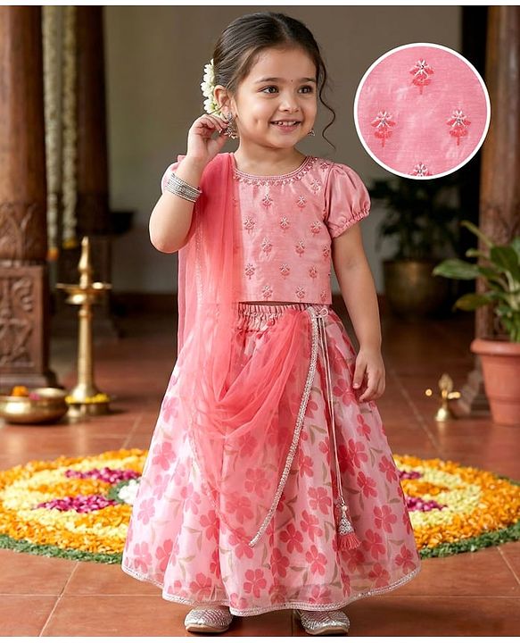 Babyhug Woven Half Puffed Sleeves Floral Printed & Embroidered Choli Lehenga Set with Dupatta - Pink