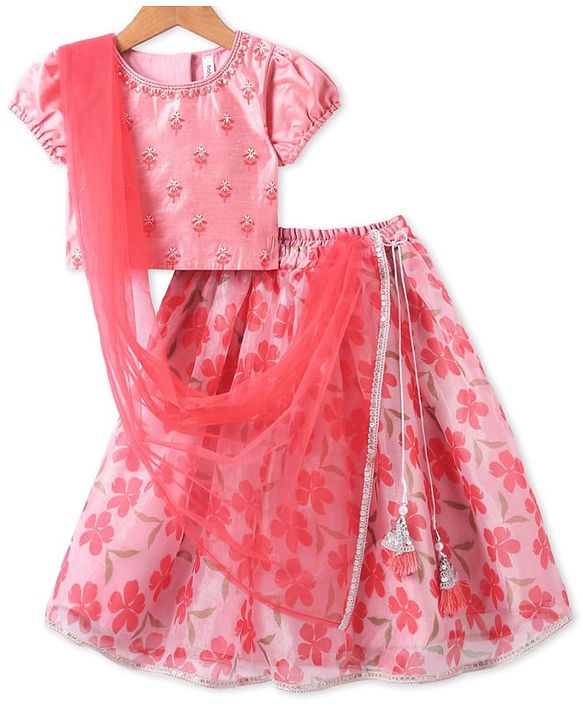 Babyhug Woven Half Puffed Sleeves Floral Printed & Embroidered Choli Lehenga Set with Dupatta - Pink