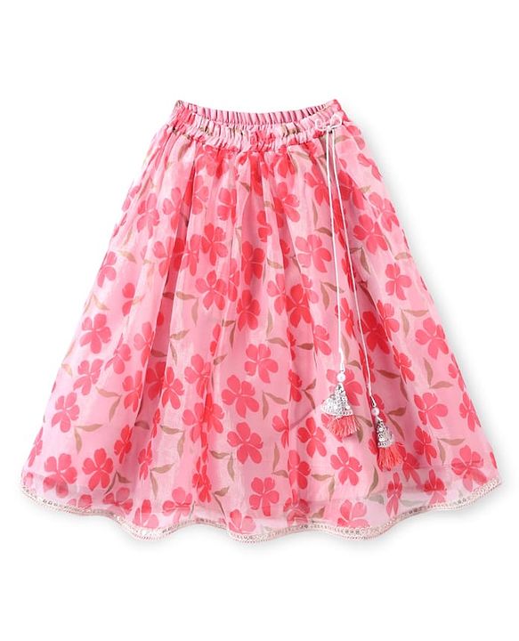 Babyhug Woven Half Puffed Sleeves Floral Printed & Embroidered Choli Lehenga Set with Dupatta - Pink