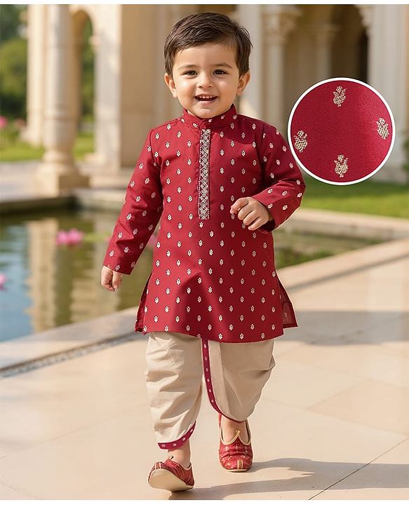 Babyhug Woven Dobby Foil Printed Full Sleeves Kurta Dhoti Set - Red