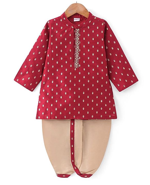 Babyhug Woven Dobby Foil Printed Full Sleeves Kurta Dhoti Set - Red