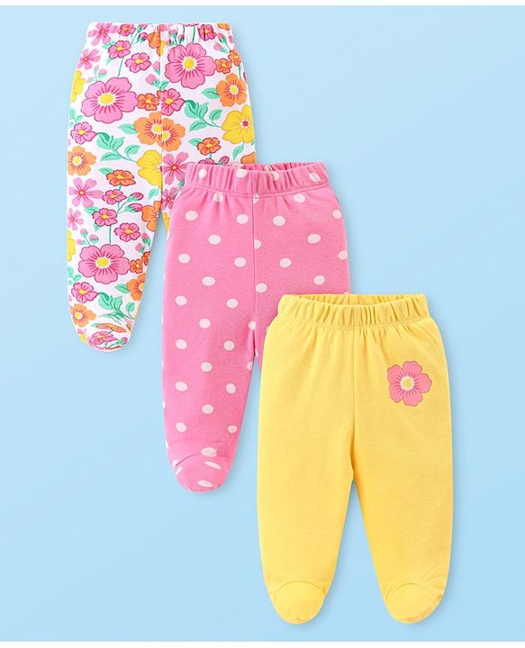 Babyhug Cotton Knit Floral & Polka Dots Printed Footed Leggings - Cream Pink & Yellow